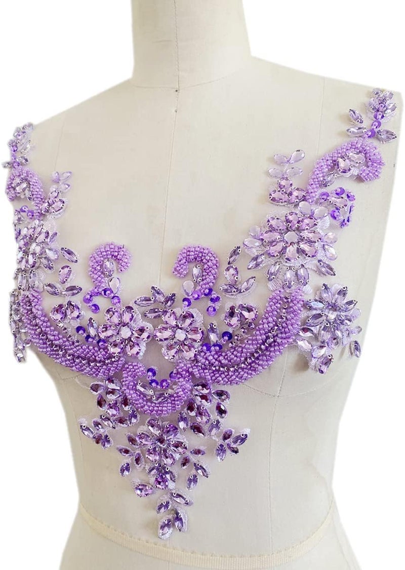 wtbvn Handmade Rhinestones lace Applique handsewing Beads Trim Patches Neckline for Dress Clothes Accessory (Light Purple) - Image 4